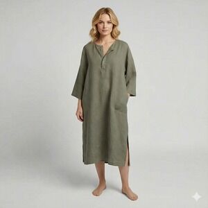 NWOT PARACHUTE Linen Tunic Dress Olive Green Button Neck Midi Relaxed Fit Medium